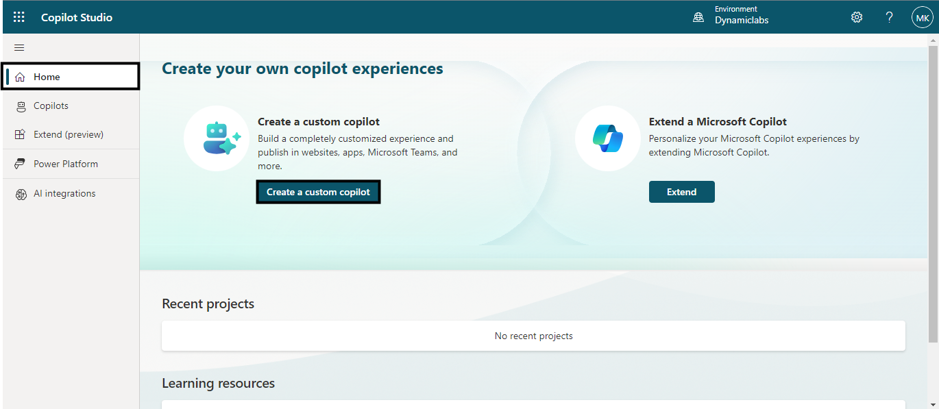 On reaching the Home page, click on Create a Custom Copilot.