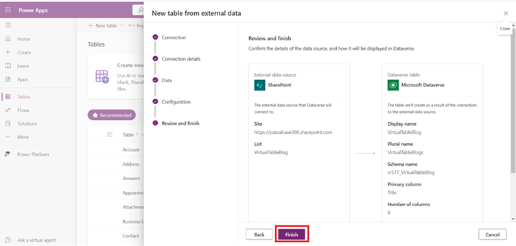 After the virtual table is created, click on Create an App