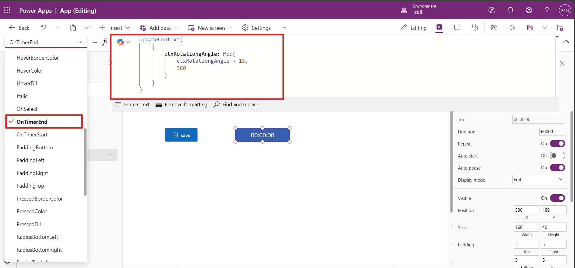 In the OnSelect property, create a new variable to indicate the start ...
