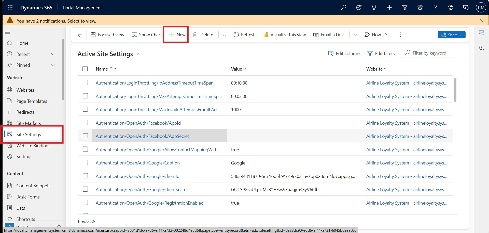 3. Add this site setting to enable the Web API: