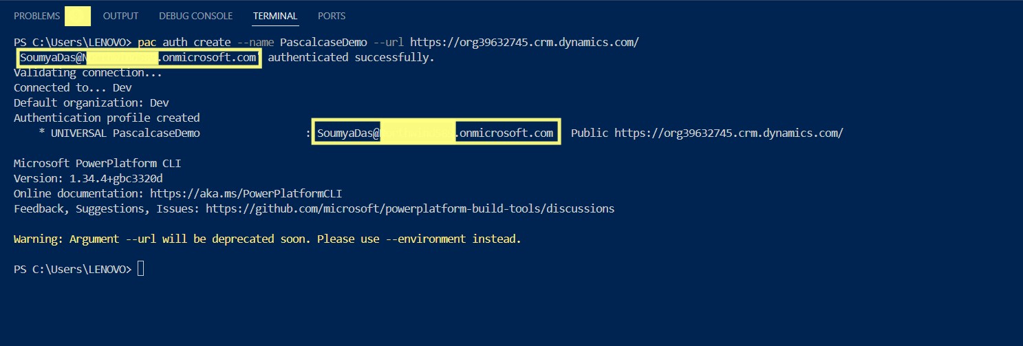 You can also verify the same using pac auth list command