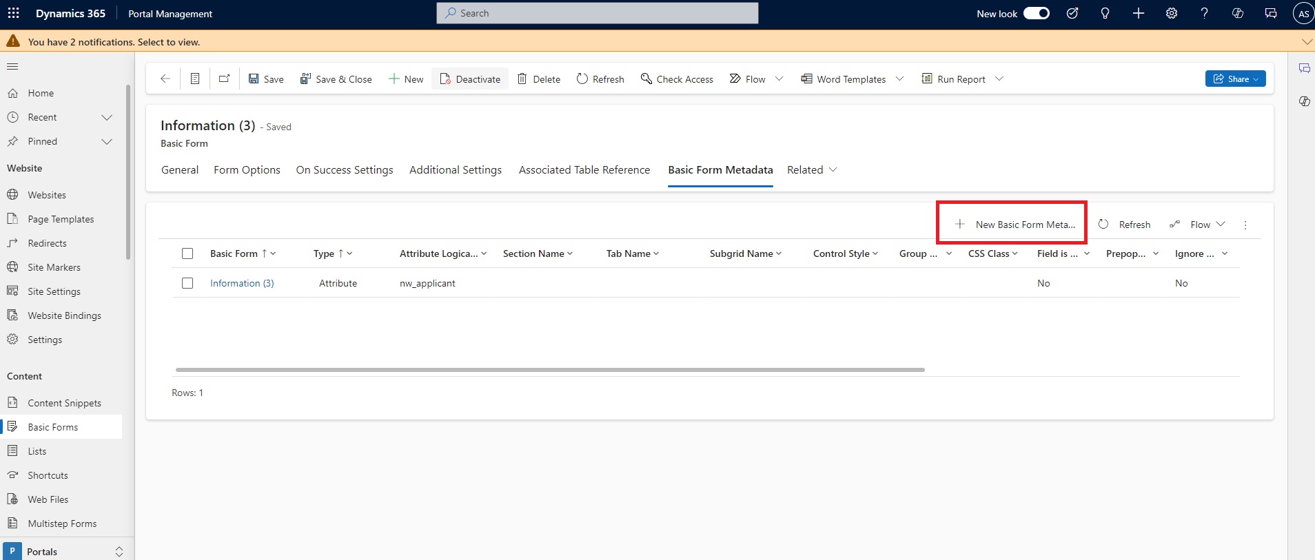 Add a new Basic Metadata of type attribute and select field applicant ...