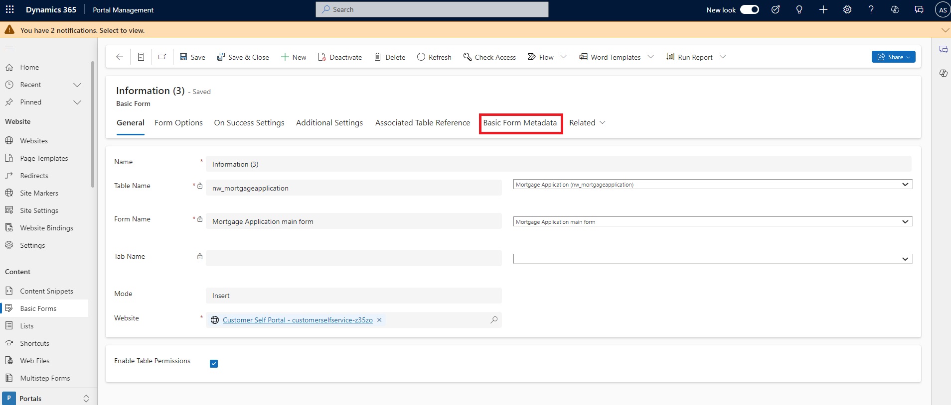 Click on New Basic Form Metadata.