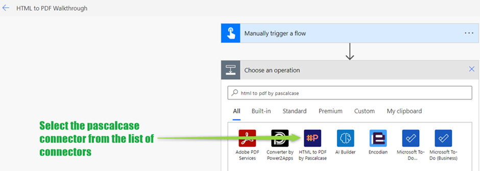 Step 1 setup for HTML To PDF connector